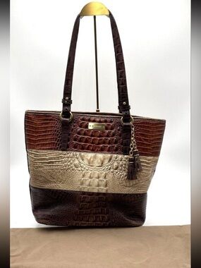 Brahmin Tri-Panel Croc-Embossed Leather Tote in Brown & Cream - EUC